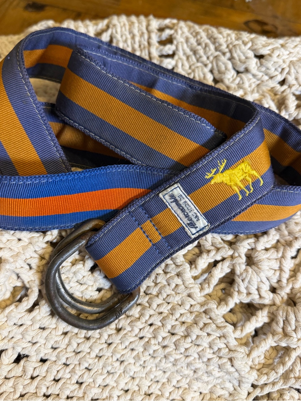 Vintage Y2K Abercrombie & Fitch Moose D Ring Belt Blue Orange Stripe Preppy